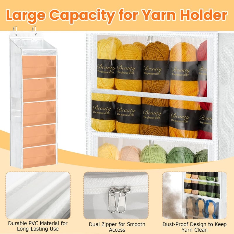 Yncotte Yarn Storage Organizer, Yarn Holder Over the Door Hanging Crochet Kit Storage with 5 Zippered Compartments, Large Capacity Sewing Organizer Gifts for Knitters Needles Storage Crochet Hooks - Image 3